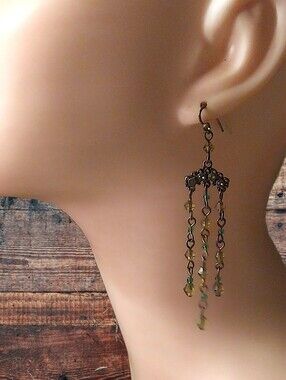 Delicate Olive Green Crystal Dangle Earrings